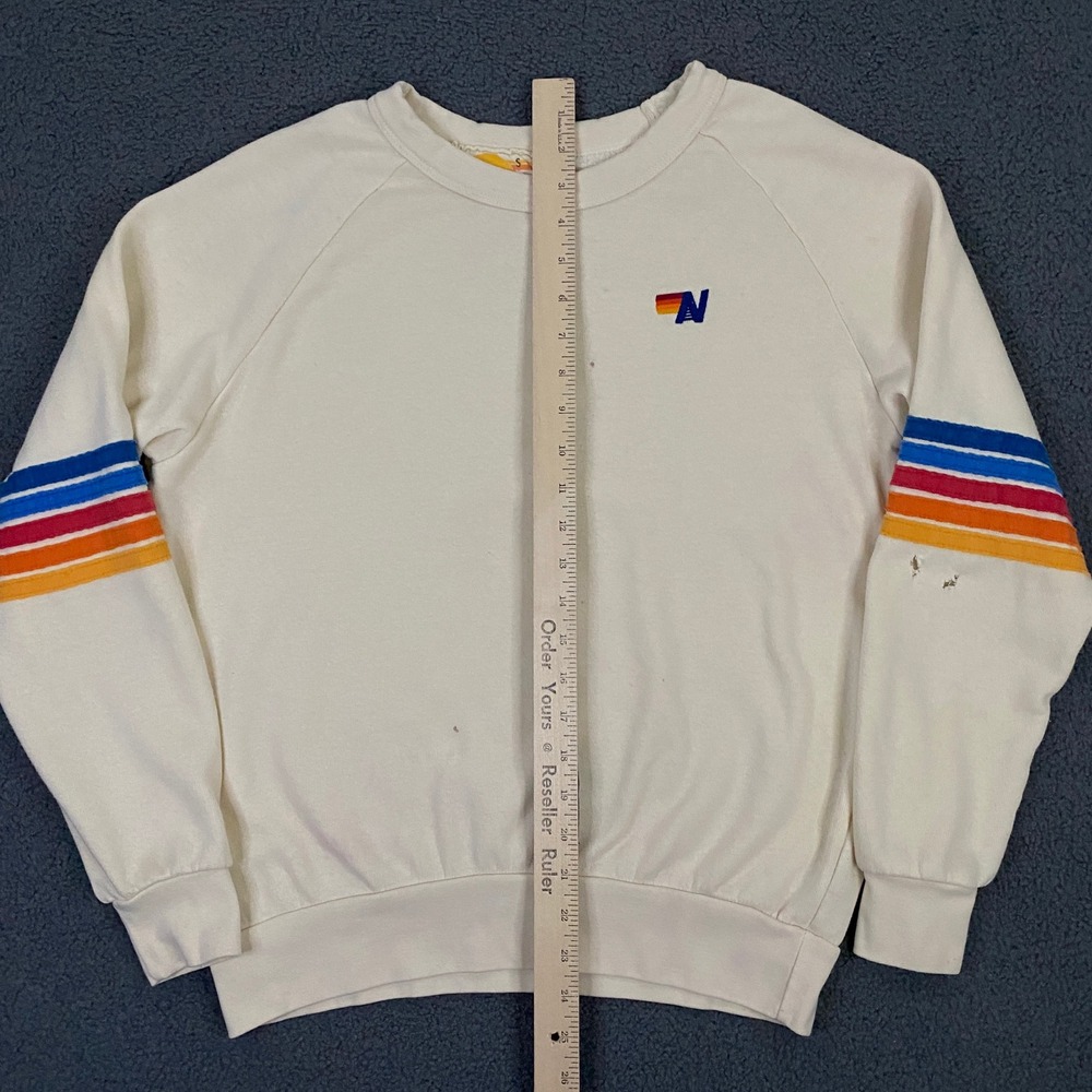 Aviator Nation Sweatshirt Women Small Cream Rainbow Classic 5 Stripe Retro Crew - Picture 9 of 11